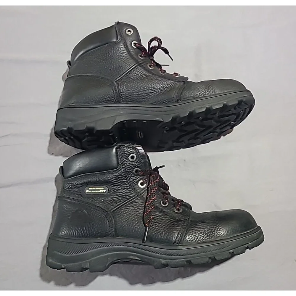 Skechers Relaxed Fit Steel Toe Black Leather Boots Men Size 9.5 Model 77009